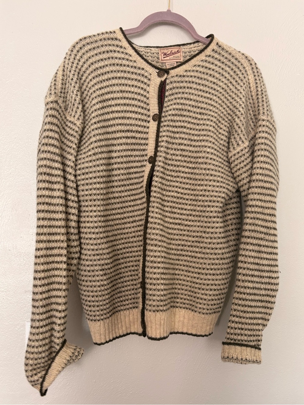 Woolrich Cream and Black Striped Wool Cardigan